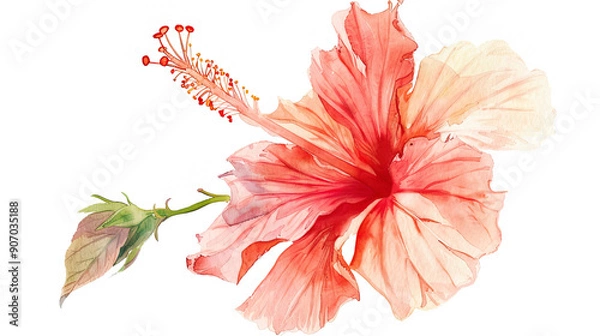 Fototapeta Watercolor tropical hibiscus with soft blending, gentle and subtle, light and airy, white background