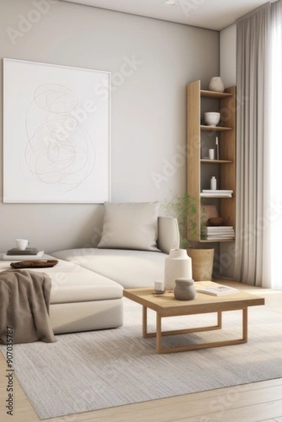 Fototapeta interior design of a living room in a minimalist Scandinavian style with a small sofa in light colors