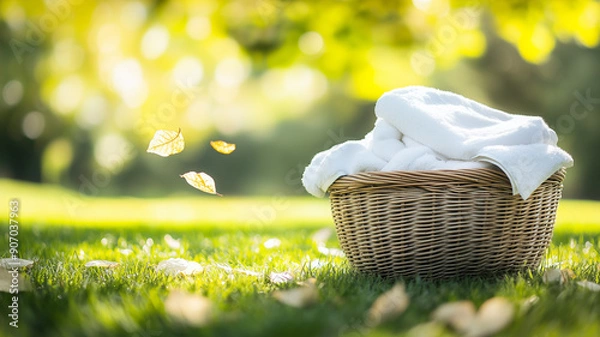Fototapeta A wicker basket filled with freshly washed white cotton towels placed on a green lawn, with leaves subtly drifting in the background, highlighting natural laundry care. Ai generated