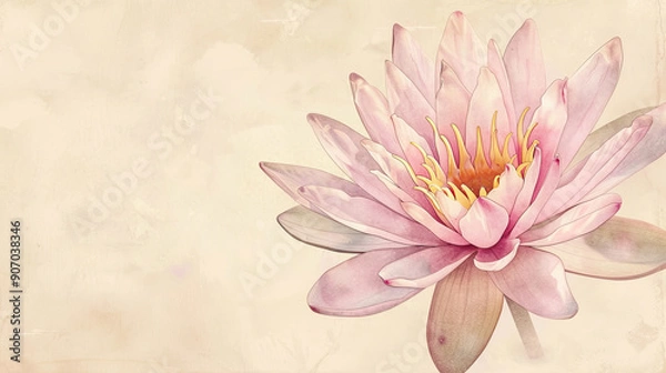 Fototapeta Watercolor tropical water lily with gradient washes, seamless transitions in soft hues, light beige background