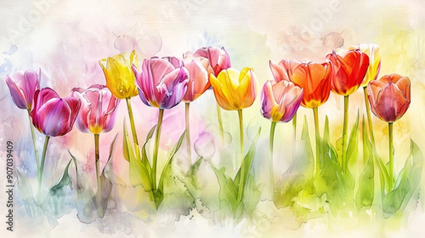 Fototapeta Watercolor tulips with color mixing on paper, vibrant and natural blending of spring colors, light background