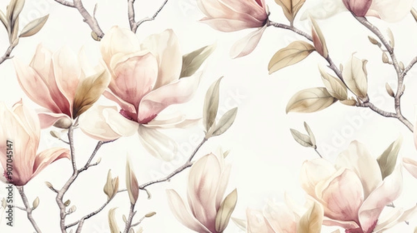 Fototapeta Watercolor vintage magnolia patterns with soft blending, airy and gentle, white background
