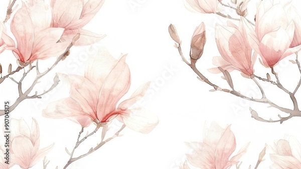 Fototapeta Watercolor vintage magnolia patterns with soft blending, gentle transitions, light and airy, white background
