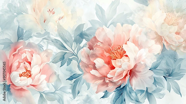 Fototapeta Watercolor vintage peony patterns in loose and freeform style, soft muted colors, white background