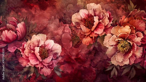 Fototapeta Watercolor vintage peony patterns using layering (glazing), rich and deep colors, elegant texture, textured paper background