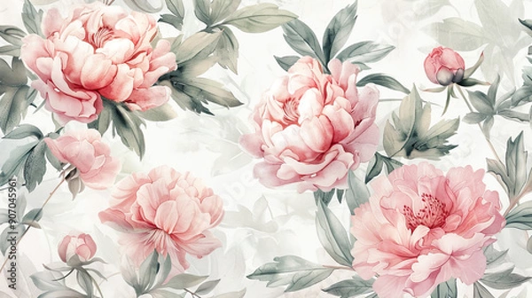 Fototapeta Watercolor vintage peony patterns with feathering, smooth and delicate edges, light background