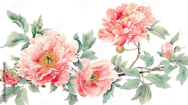 Fototapeta Watercolor vintage peony patterns with soft blending, airy and gentle, white background