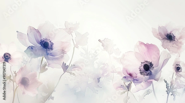 Fototapeta Watercolor whimsical anemones in wet-on-wet style, soft pastel blending, white background