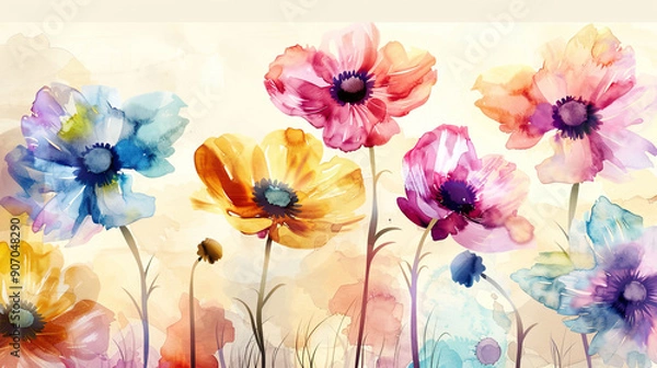 Fototapeta Watercolor whimsical anemones with negative space, vibrant flowers standing out against a soft background, light beige