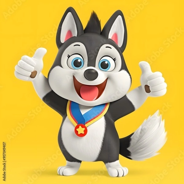 Fototapeta Cartoon husky character with a medal, giving a thumbs-up. The center is pixelated, making it hard to see details clearly.
