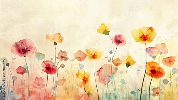 Fototapeta Watercolor whimsical buttercups with negative space, vibrant flowers standing out against a soft background, light beige