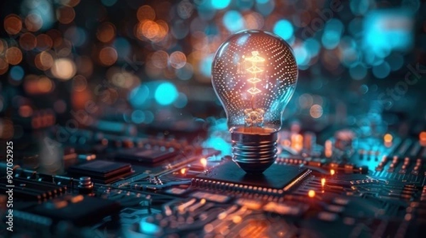 Fototapeta 5g luminous light bulb in blue colour, sitting on circuit board with bokeh effect. Brilliant 5g tecnology concept, 3D rendering ai generated