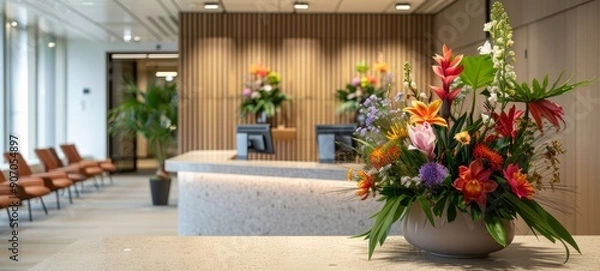 Fototapeta Corporate Office Reception with Floral Arrangement. A beautifully decorated office reception with a vibrant flower arrangement, creating a welcoming atmosphere.