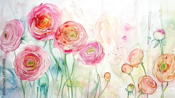 Fototapeta Watercolor whimsical ranunculus with ink and wash combination, detailed and colorful, light background