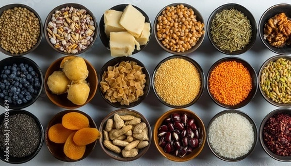 Fototapeta Various types of food grains, beans, seeds, nuts and corns on small bowls isolated on white background for mockup design. Whole grains, Organic foods
