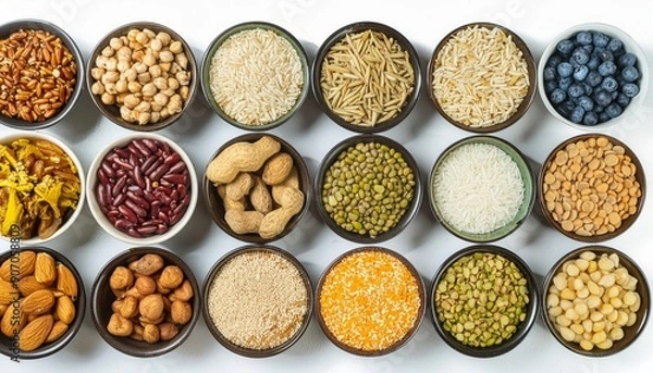 Fototapeta Various types of food grains, beans, seeds, nuts and corns on small bowls isolated on white background for mockup design. Whole grains, Organic foods