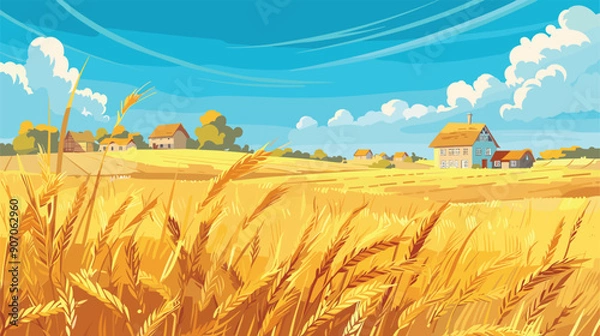 Fototapeta Golden wheat field ripe harvest, serene farmland landscape illustration. Vibrant blue sky fluffy clouds over rural countryside scene, farming background. Quaint farmhouses nestled among trees