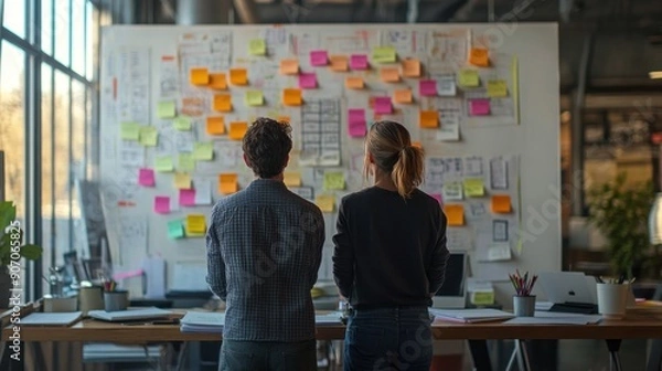 Obraz Two People Planning a Project Using Sticky Notes