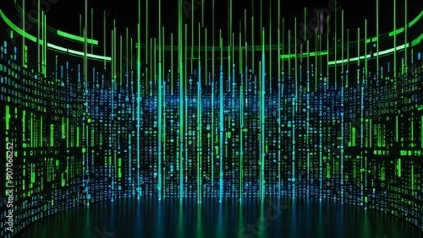 Fototapeta A large room with green and blue lights and a lot of numbers