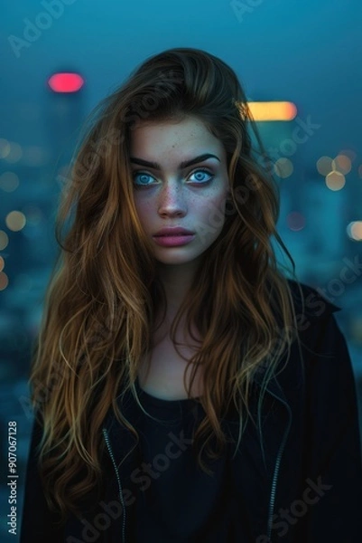 Fototapeta A young woman with long red hair and blue eyes. Dressed in a black jacket and standing in the city at night.