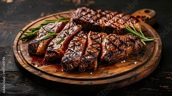Fototapeta Grilled Ribeye steak, T-bone steak and sliced flank steak on wooden cutting board.