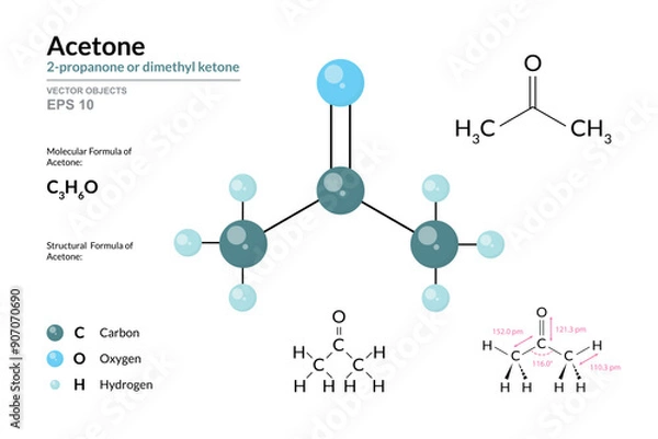 Fototapeta Acetone. Structural Chemical Formula and 3d Model of Molecule. C3H6O. Atoms with Color Coding. Vector graphic Illustration for educational materials, scientific articles, and presentations