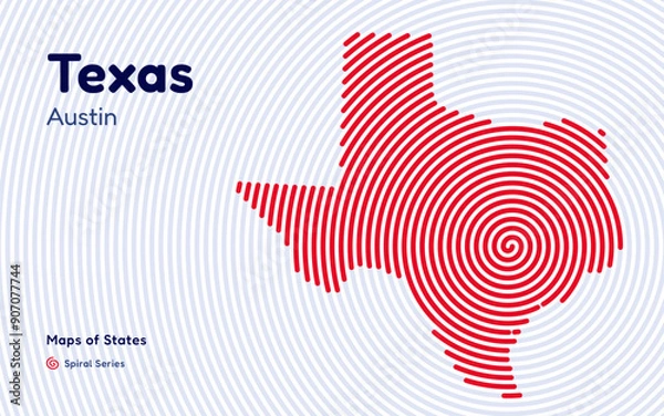 Fototapeta Texas Map in Spiral Formation: Austin Takes Center Stage. Fingerprint and stripes pattern. American states maps.