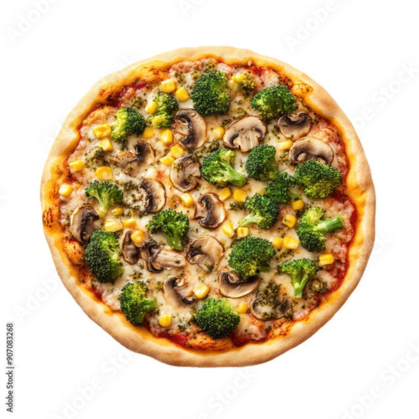 Fototapeta Vegetarian Veggie Pizza with Broccoli, Corn and Mushrooms Isolated on a Transparent Background