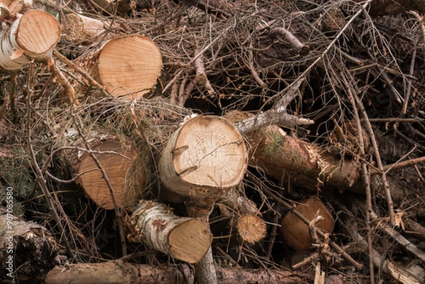 Fototapeta A pile of branches (Frangula alnus) after forest logging, stacked in tall heaps along the side of a forest road. The thick branches create a raw, sensual landscape of nature after human intervention.