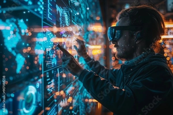 Fototapeta Augmented Reality Design. A man using augmented reality glasses interacts with a high-tech digital display, surrounded by vibrant holographic data and futuristic interface elements in a dimly lit room