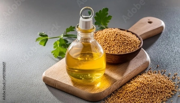 Obraz Mustard oil in a glass jar with mustard seeds and grains beside it, isolated on clean background. Showcasing the natural beauty and health benefits of this versatile ingredient