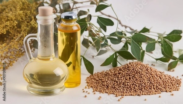 Obraz Mustard oil in a glass jar with mustard seeds and grains beside it, isolated on clean background. Showcasing the natural beauty and health benefits of this versatile ingredient
