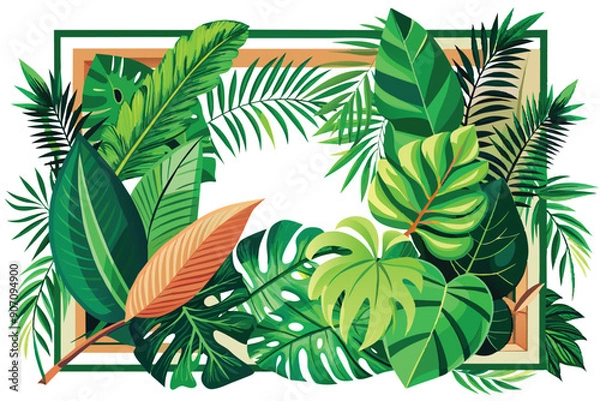 Fototapeta Exotic green leaves background. Natural palm leaves frame, tropical leaves frame. Vector design illustration