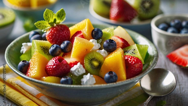 Fototapeta Fresh Fruit Salad in a White Bowl with a Dollop of Whipped Cream and a Sprig of Mint