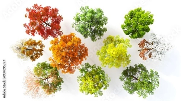 Fototapeta From above trees colourful seasonal top view on white backgrounds 3d rendering 