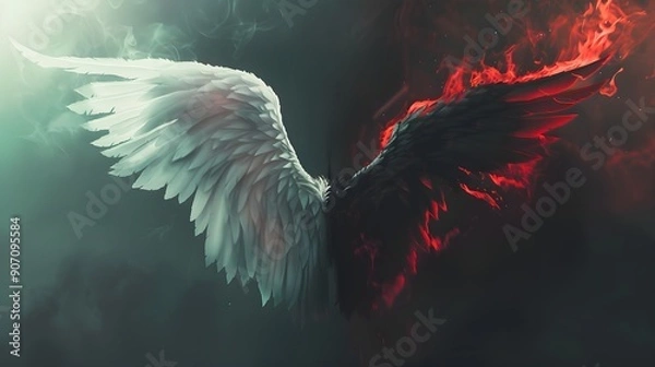 Fototapeta Good versus evil concept art. Glowing white angel wing contrasting with a dark evil red and black demon wing. Heaven and hell. Good and bad. Split idea of angel and demon. Fantasy cinematic style. 
