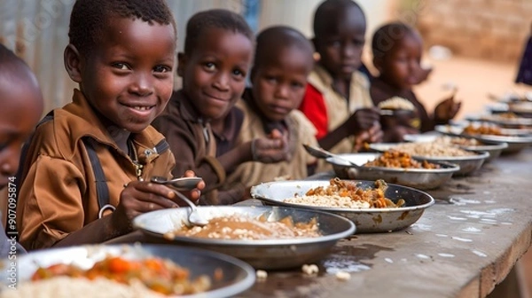 Fototapeta Happy poor african school children eating together. Problems of hunger and lack of food in African countries.