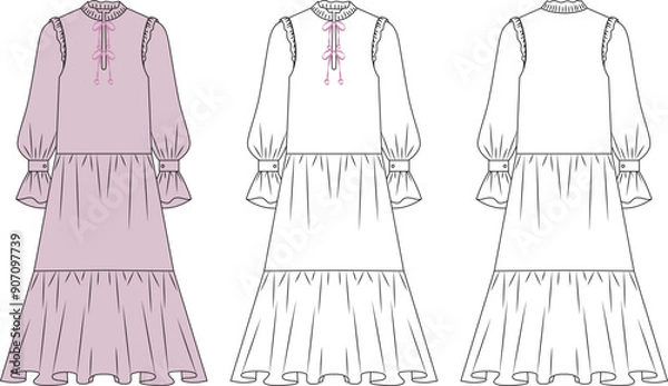 Fototapeta womengirl summer modest dress with frills sketch, womens modesty dress mock up, womens dress vector front and back editable technical drawings