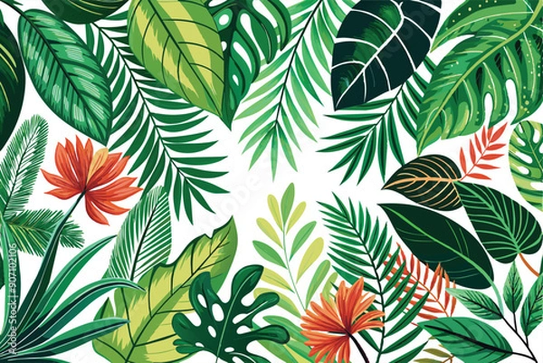 Fototapeta Exotic green leaves background. Natural palm leaves frame, tropical leaves frame. Vector design illustration