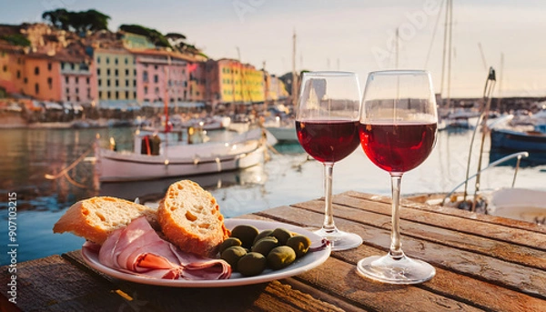 Obraz italy. a bistro table with two glasses of redwine and some olives and ham and bread 