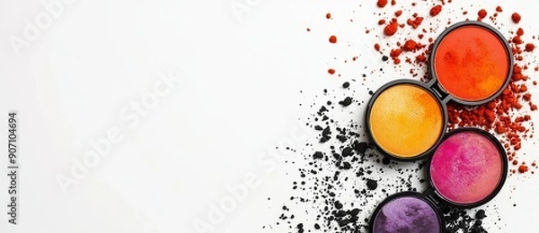 Fototapeta Makeup palette with various colors placed on a white background, creating a vibrant and colorful image ideal for beauty and makeup advertising