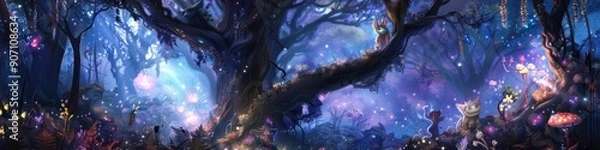 Fototapeta Enchanted Pandora Forest with Five Adorable Furry Neuron Creatures in Various Colors Frolicking