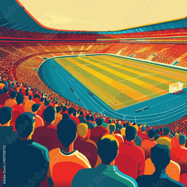 Fototapeta Crowd spectators vibrant soccer stadium enjoying live match. Colorful fans focused actionpacked football game. Stadium filled enthusiastic sports audience watching soccer event