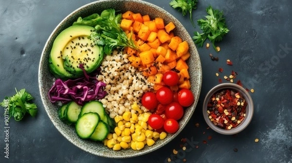 Fototapeta Vibrant Buddha Bowl: Nutritious Feast of Colorful Vegetables, Wholesome Grains, & Lean Proteins. Balanced Healthy Meal Showcasing Plant-Based Ingredients for Clean Eating & Wellness-Focused Lifestyle.