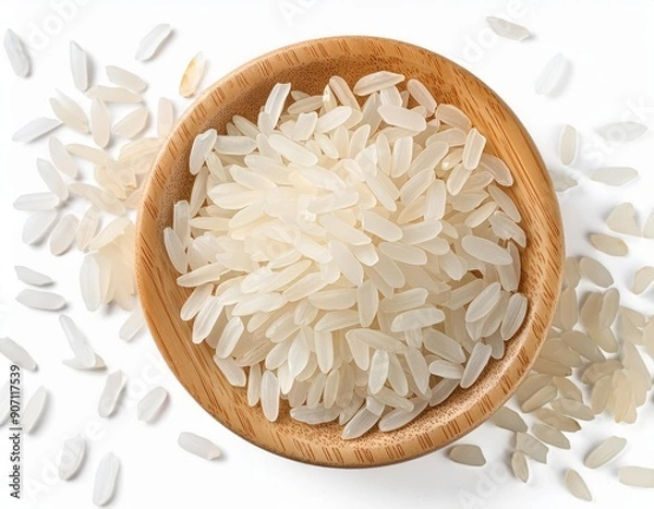 Obraz Various types of rice grains in a bowl, isolated on white background. Showcasing the diversity and natural beauty of these essential grains, perfect for culinary enthusiasts and health-cons