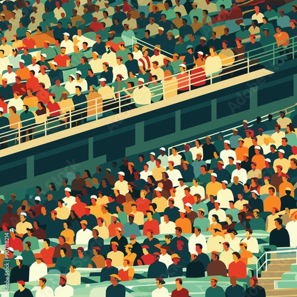 Fototapeta Crowded stadium spectators watching event, diverse audience seated stands, colorful attire. Fans gathered sports event, enthusiastic crowd competition, varied ethnicities enjoying game. Illustration