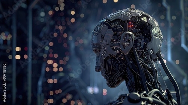 Fototapeta Advanced Robotic Head Contemplating Technology in Futuristic Laboratory During Nighttime