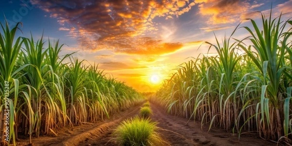 Fototapeta Sunset illuminating sugarcane field with long, slender leaves and stalks, sunset, sugarcane, field, leaves, stalks, agriculture