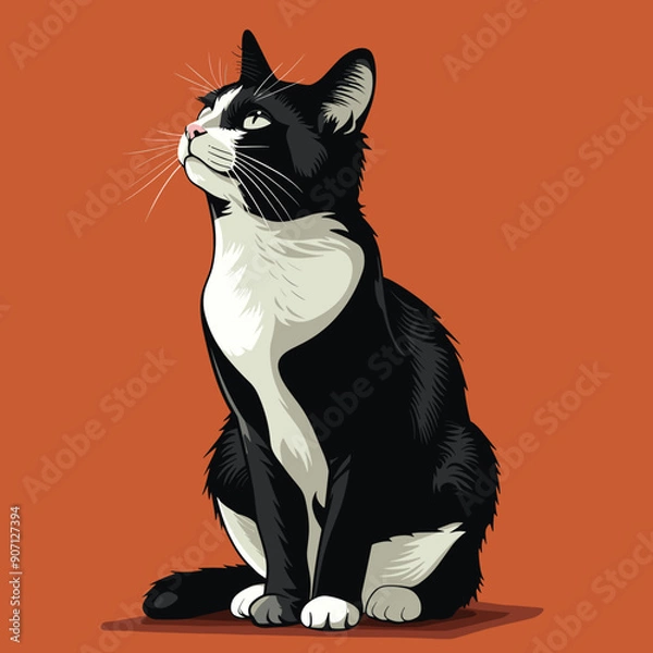Fototapeta Black white tuxedo cat sitting, looking upward against orange background. Tuxedo feline striking contrast, whiskers prominent, attentive gaze. Elegant domestic cat, stylized fur, graphic