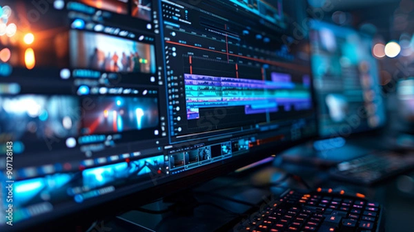 Fototapeta A computer monitor that displays a video editing timeline with various video clips arranged sequentially